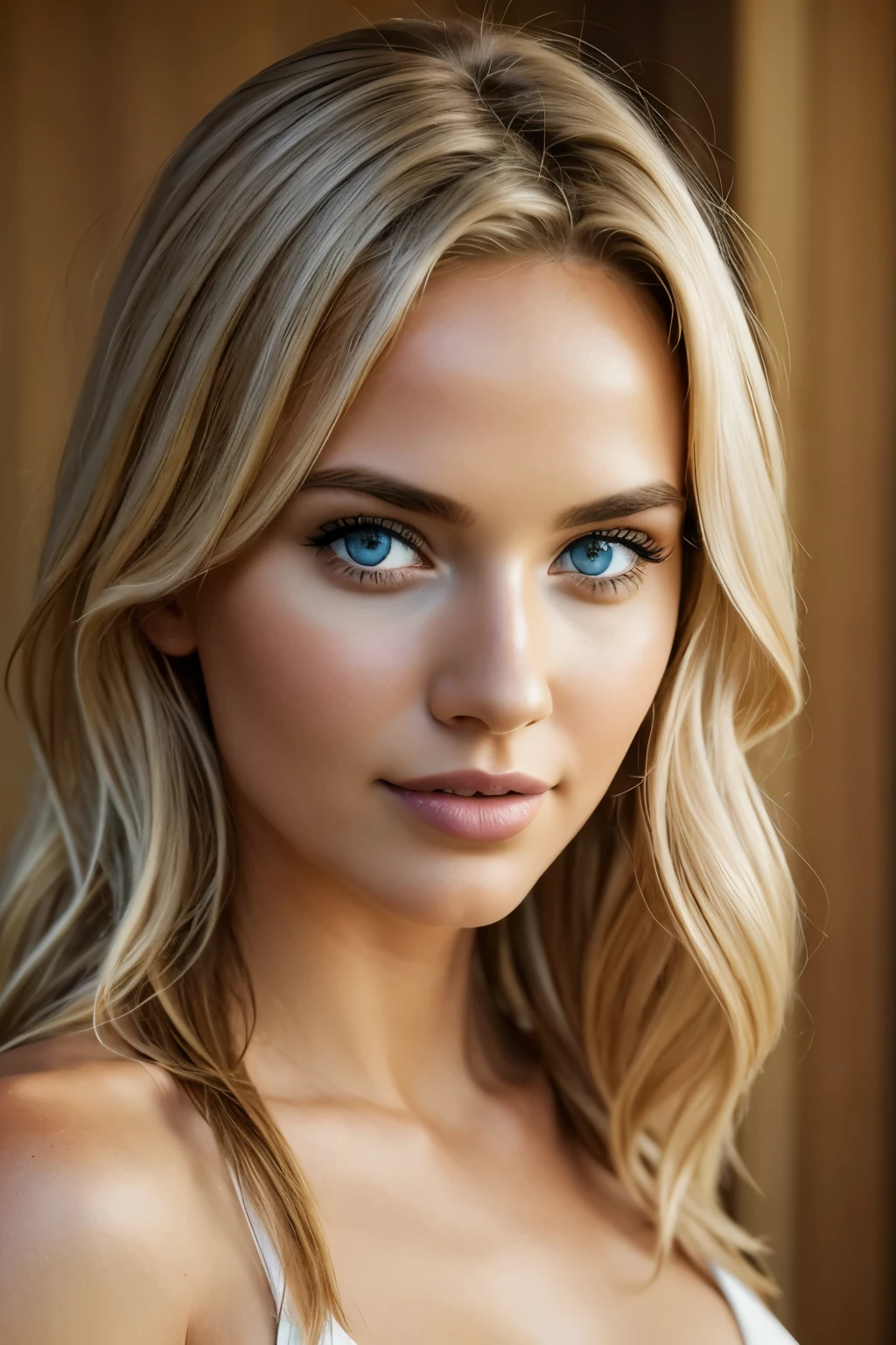 A woman with blonde hair and blue eyes posing for a picture - SeaArt AI