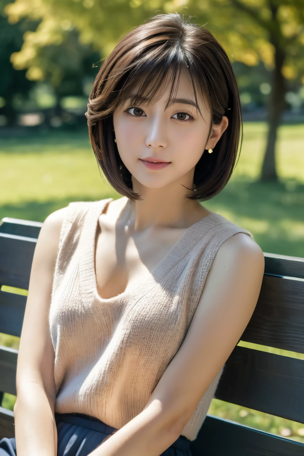 highest quality, High resolution, 8K, masterpiece, best pictures, thin japanese woman, 1 person, detailed and beautiful eyes, Super detailed, detailed face, photo from the waist up, on a park bench, sit straight facing forward, (short hair), (straight hair), Loose, sleeveless, thin sweater, small breasts, (view audience)