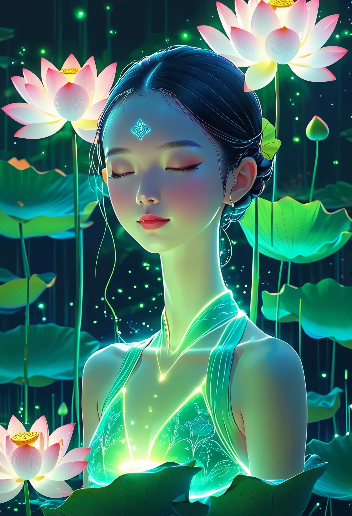 (masterpiece, best quality:1.2), In digital art style, charming illustration,peaceful picture，little girl on lotus leaf，alone，body glow，Glowing lines，fluorescence,glow example，Example tracking，flash，萤light particles，Backlight，Translucent，light particles，Correct human anatomy，
