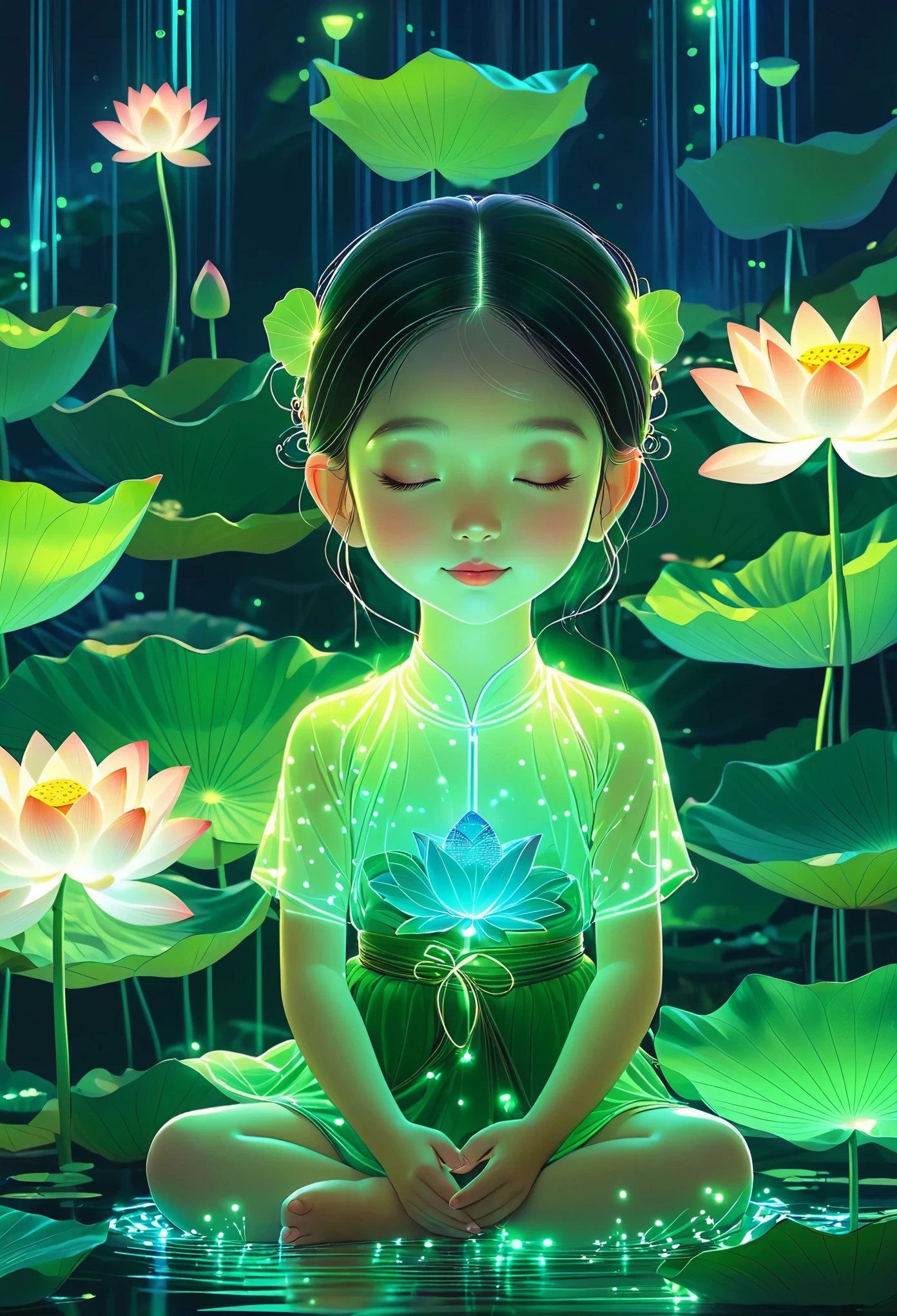 (masterpiece, best quality:1.2), In digital art style, charming illustration,peaceful picture，little girl on lotus leaf，alone，body glow，Glowing lines，fluorescence,glow example，Example tracking，flash，萤light particles，Backlight，Translucent，light particles，Correct human anatomy，