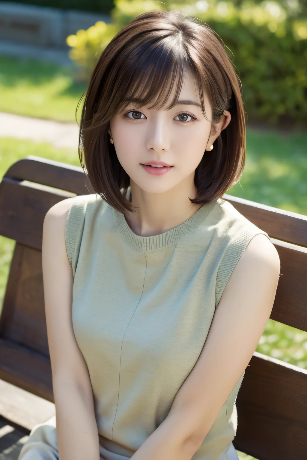 highest quality, High resolution, 8K, masterpiece, best pictures, thin japanese woman, 1 person, detailed and beautiful eyes, Super detailed, detailed face, photo from the waist up, on a park bench, sit straight facing forward, (short hair), (straight hair), Sleeveless thin sweater with a loose fit around the chest, small breasts, (view audience)