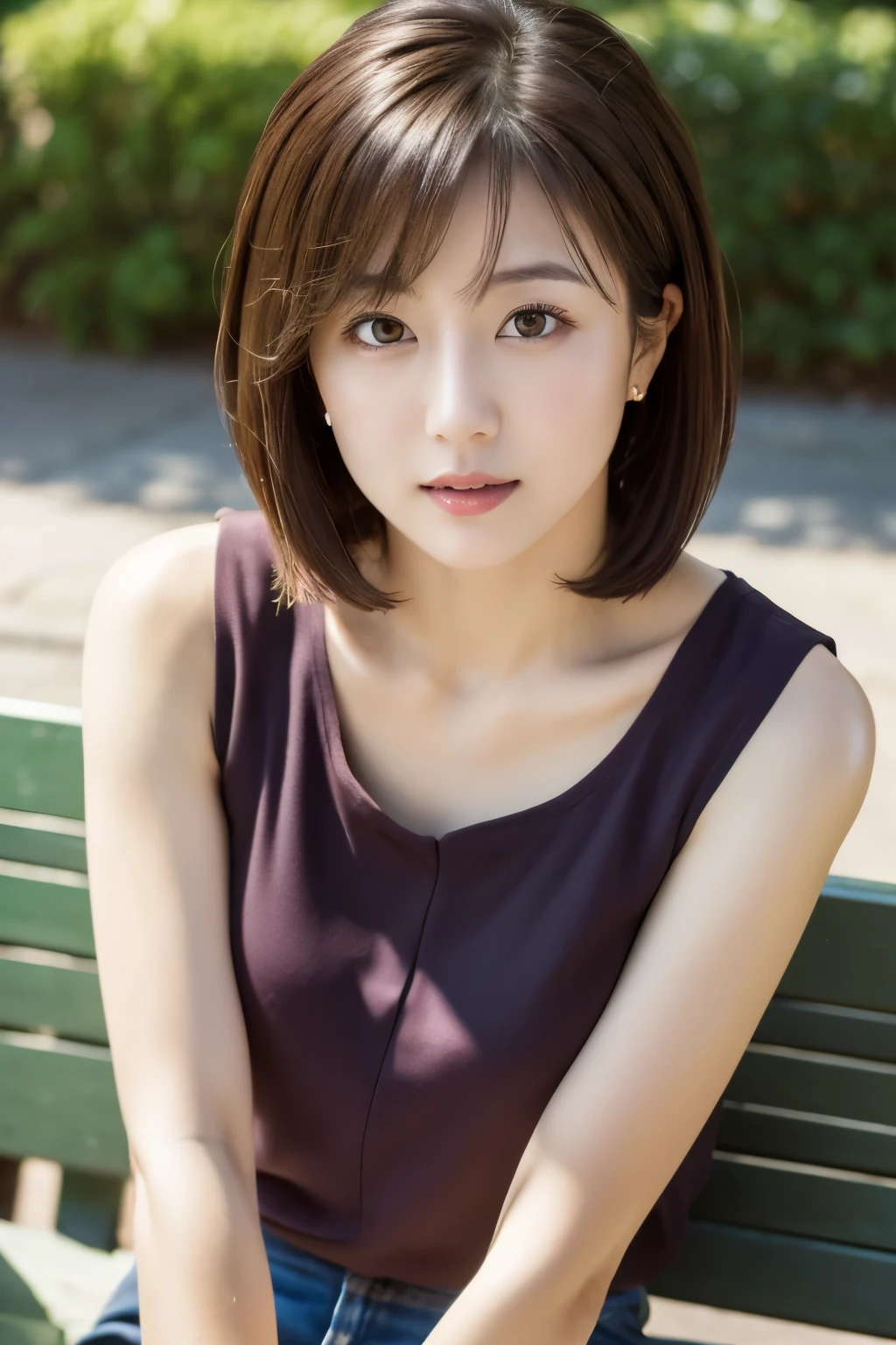 highest quality, High resolution, 8K, masterpiece, best pictures, thin japanese woman, 1 person, detailed and beautiful eyes, Super detailed, detailed face, photo from the waist up, on a park bench, sit straight facing forward, (short hair), (straight hair), Sleeveless thin shirt with a loose fit around the chest, small breasts, (view audience)