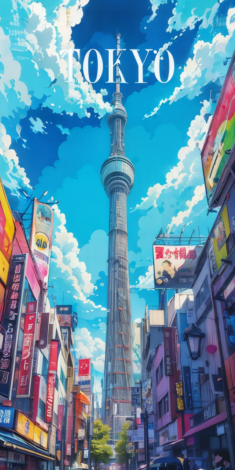 Photo taken from the street，There is a tall tower in the background, Tokyo inspired, Tokyo background, Tokyo anime scene, Tokyo japan, Tokyo city, Tokyo, new Tokyo, Inspired by jiff machino, Tokyo futuristic and clean, Tokyo mural, japan poster, Such, (neoTokyo), anime poster, Tokyo - esque town, in neo Tokyo, anime movie poster