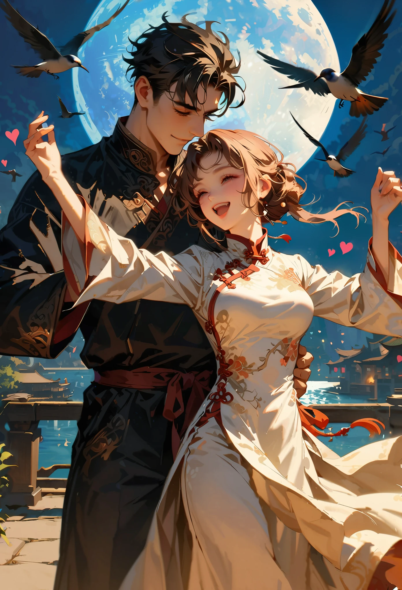 Style 10,(Super detailed CG unified 8k personalized wallpaper，masterpiece level,Best image quality),a young man and a woman，couple，is dancing，pleasure，elated，like，heart-shaped，port，flying bird，moon，Chinese ancient style，China costume，