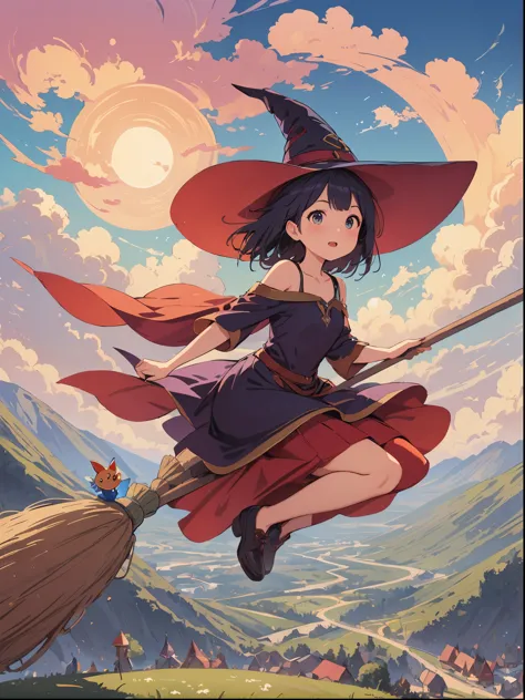 1 girl,kiki,witchの宅急便,perfect face,cute, ((((flying witch))),((Ride a broom)),broom flight,Straddling the broom,anatomically correct,(masterpiece, highest quality:1.2),masterpiece,highest quality,最高masterpiece,8K,,Wind,fantasy,,wonderful,, Mysterious, Char...