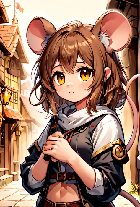 girl, Mouse ears, mouse tail, yellow eyes, brown hair, adventurer, steal, cute, 
