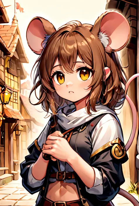 girl, mouse ears, mouse tail, yellow eyes, brown hair, adventurer, steal, cute,