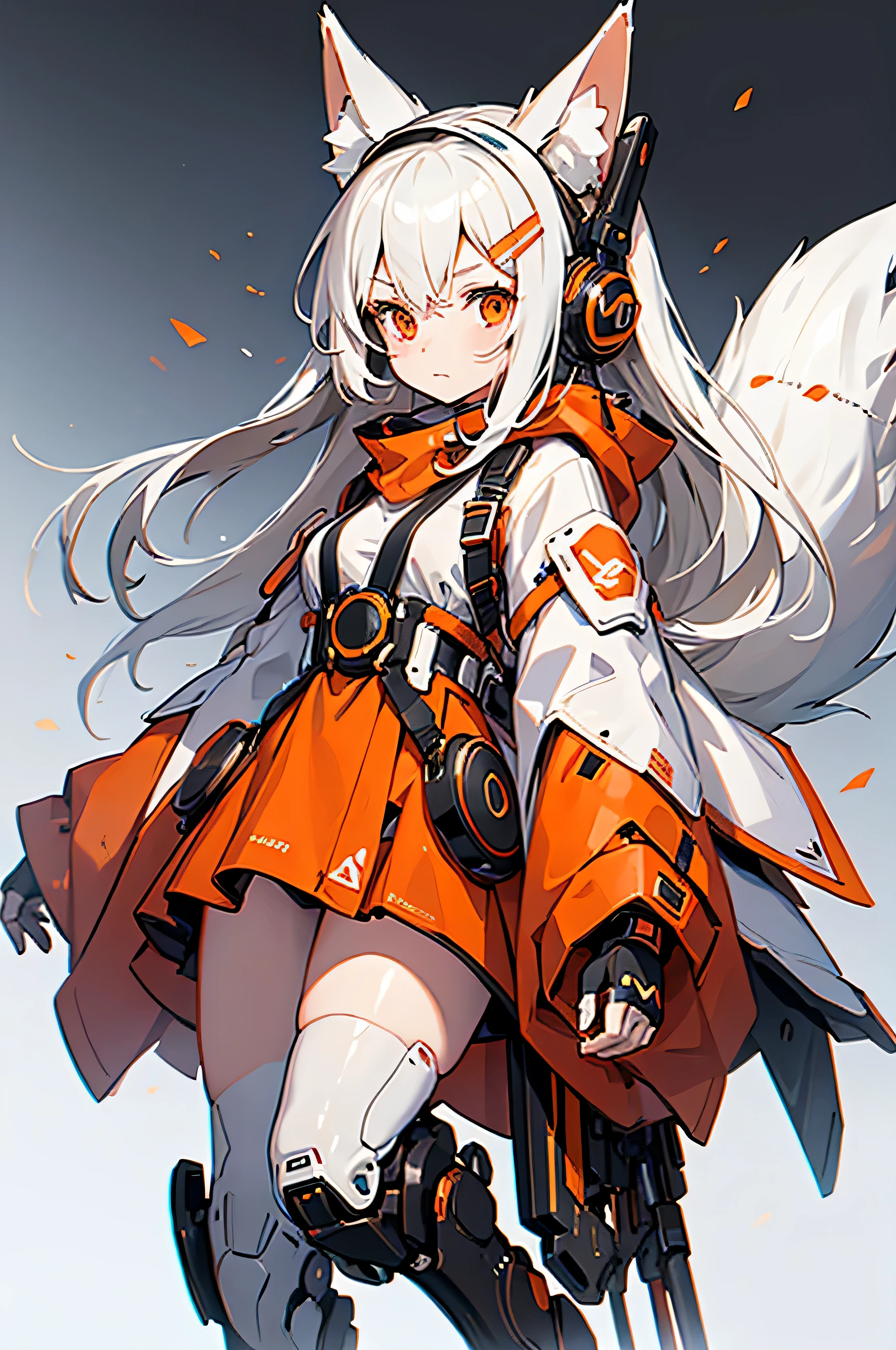 1 girl with medium white hair, fox ears, has a fox tail, full mecha body with a combination of white, orange, left hand raised, headset around the neck, mecha fox background, red eyes, best quality, higres, 8k anime wallpaper, 