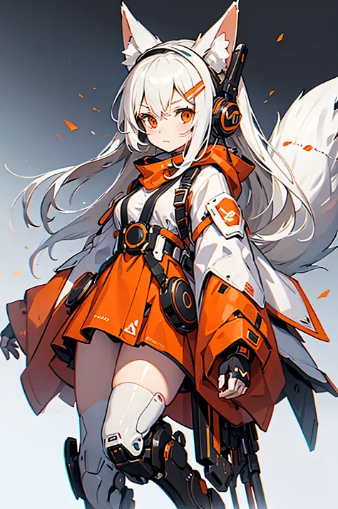 1 girl with medium white hair, fox ears, has a fox tail, full mecha body with a combination of white, orange, left hand raised, ...