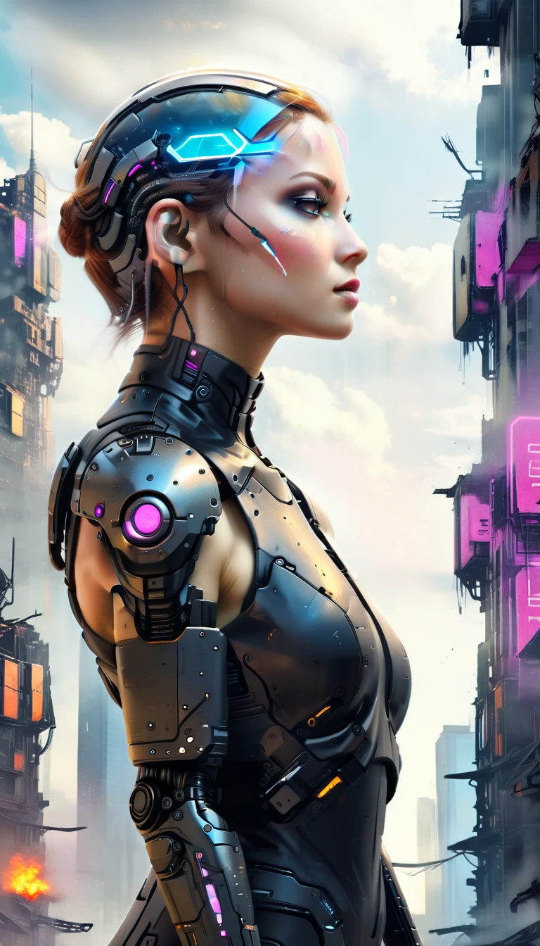 Um Cyborg altamente detalhado, arms crossed in front of a destroyed city, boasting futuristic details on its bionic body. (Um ciborgue extremamente detalhado com arms crossed in front of a destroyed city, with futuristic details on its bionic body.)