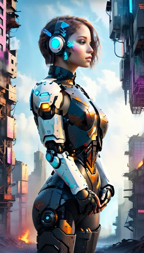 um cyborg altamente detalhado, arms crossed in front of a destroyed city, boasting futuristic details on its bionic body. (um ci...