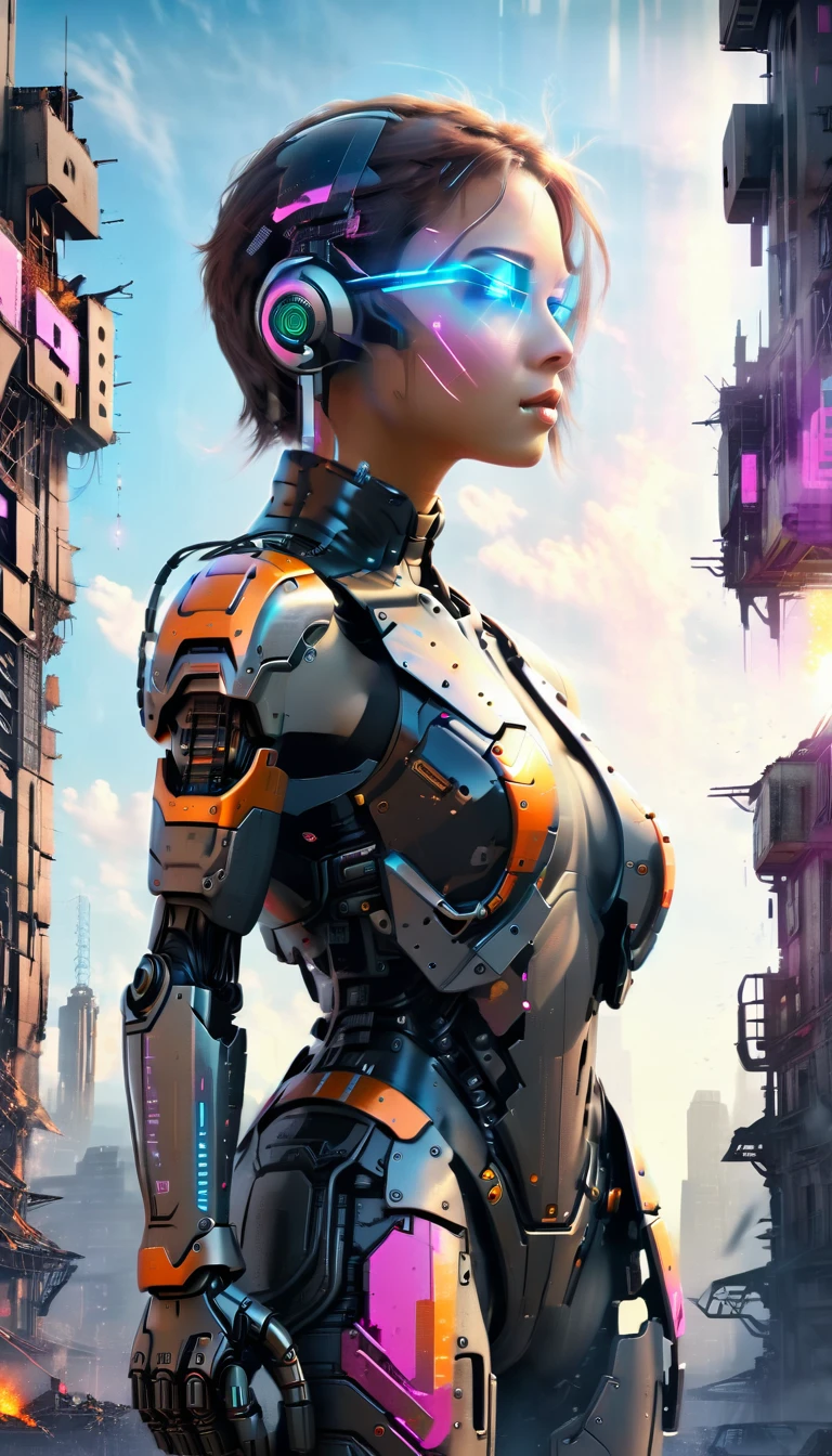 Um Cyborg altamente detalhado, arms crossed in front of a destroyed city, boasting futuristic details on its bionic body. (Um ciborgue extremamente detalhado com arms crossed in front of a destroyed city, with futuristic details on its bionic body.)