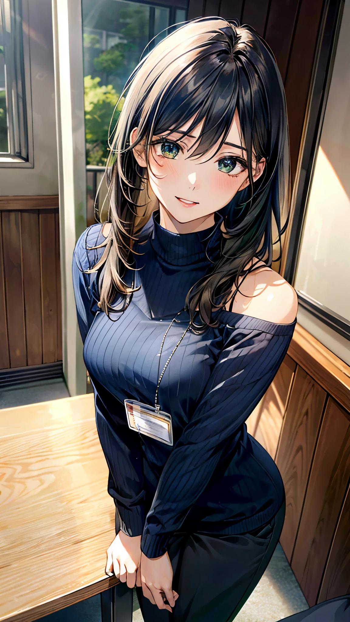(masterpiece:1.3, top-quality, ultra high res, ultra detailed), (realistic, photorealistic:1.4), beautiful illustration, perfect lighting, natural lighting, colorful, depth of fields, 
looking at viewer, full body, front view:0.6, 1 girl, japanese, office lady, 19 years old, perfect face, (perfect anatomy), cute and symmetrical face, baby face, shiny skin, , 
(long hair:1.7, straight hair:1.2, black hair), hair between eyes, emerald green eyes, long eye lasher, (large breasts:0.8), 
beautiful hair, beautiful face, beautiful detailed eyes, beautiful clavicle, beautiful body, beautiful chest, beautiful thigh, beautiful legs, beautiful fingers, 
((half-sleeve navy high neck sweater, gray stretch tapered pants), id card), 
(beautiful scenery), day time, (office lounge), drinking drink, (happy smile, half-closed eye, parted lips),
