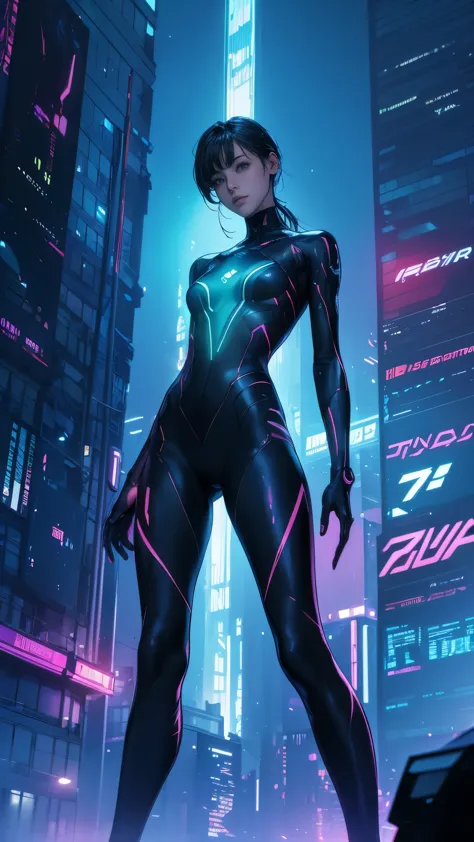 (Bright colors,neon lighting,digital art,cyber punk:1.1,dark atmosphere,futuristic style),highly detailed cityscape,Shining skyscrapers and billboards,High-tech gadgets and holographic displays,person wearing augmented reality implant,wearing futuristic cl...