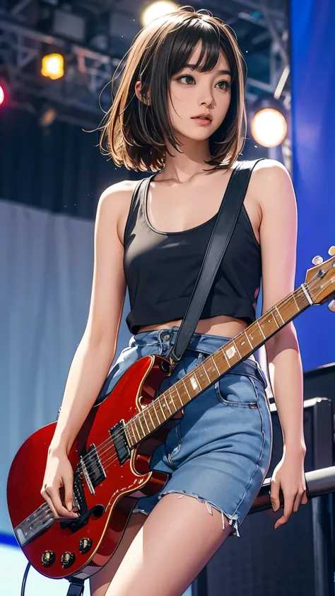 1 A girl plays the guitar on stage, Tank top，concert photos,guitarist, music performance，stage lighting，, ((15 year old girl, slim, thin waist, thin thighs, thin arms))