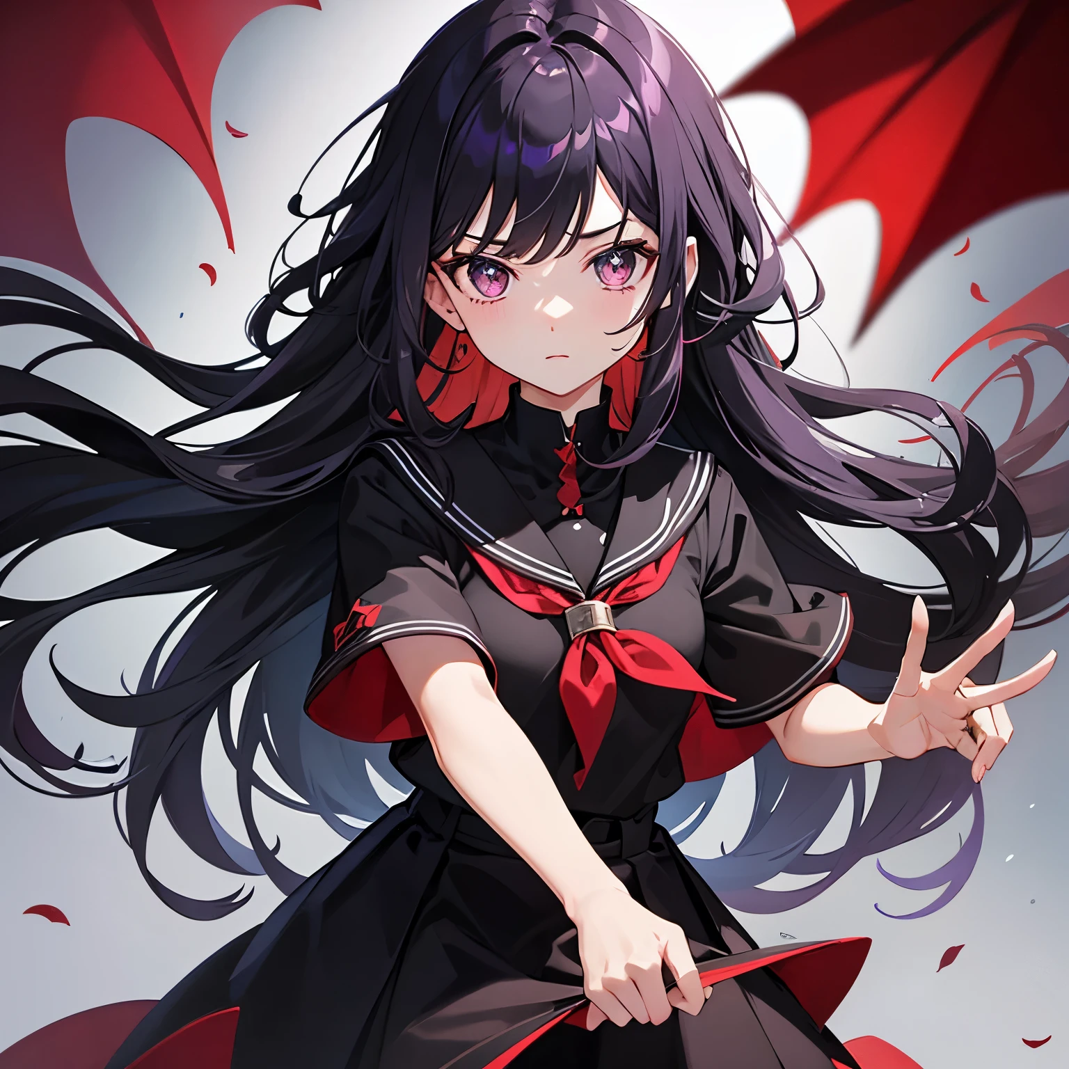 Black and slightly purple hair, long hair, black and red sailor suit, princess cut, 1 girl