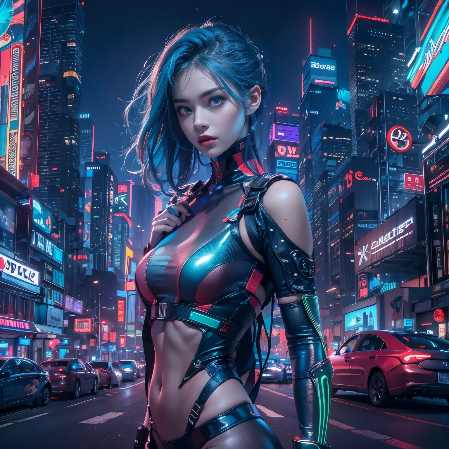 (8K, Best quality, Masterpiece: 1, 2), (Realistic, photograph realistic: 1,37), Top quality, Masterpiece, Skinny 1 girl Negona upper body photo (Photo realistic),A cyberpunk girl with green eyes and shiny blue hair stands against a backdrop of a futuristic cityscape. She wears a sleek, metallic blue bodysuit that shimmers under the neon lights. The city behind her is a blend of towering skyscrapers and neon signs, pulsating with vibrant colors