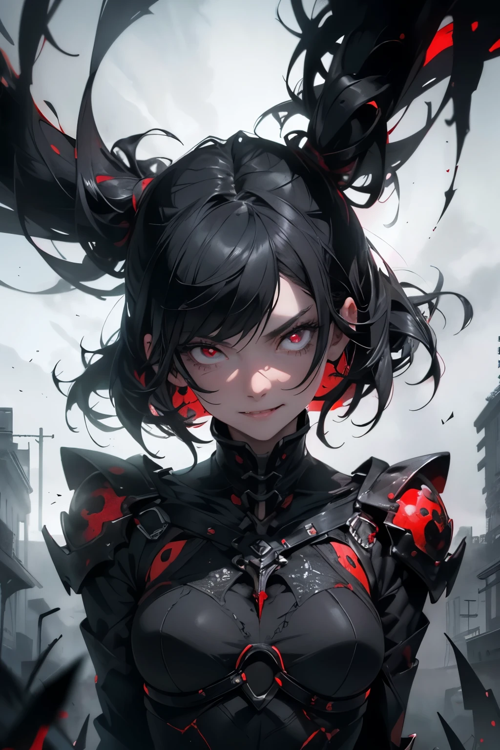 Award-winning portrait of a girl with a fusion of grimreaper and smiling expression, her short curly black hair framing her perfectly red eyes that gleam with an otherworldly glow. The background is set in a noir mood with shadows casting long, dramatic lines, adding to the mysterious allure of the girl. Her fangs, sharp and menacing, are visible, dripping with blood, giving an air of danger and intrigue. The photo is taken at a random angle, capturing every detail of her exquisite features in high resolution, making it a masterpiece of surreal, high-definition art. The artwork quality is best described as detailed and realistic, with a captivating play of light and