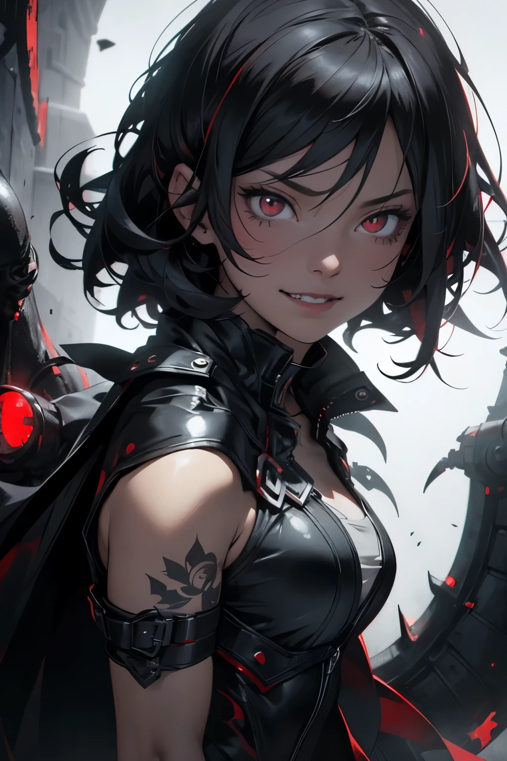 Award-winning portrait of a girl with a fusion of grimreaper and smiling expression, her short curly black hair framing her perfectly red eyes that gleam with an otherworldly glow. The background is set in a noir mood with shadows casting long, dramatic lines, adding to the mysterious allure of the girl. Her fangs, sharp and menacing, are visible, dripping with blood, giving an air of danger and intrigue. The photo is taken at a random angle, capturing every detail of her exquisite features in high resolution, making it a masterpiece of surreal, high-definition art. The artwork quality is best described as detailed and realistic, with a captivating play of light and