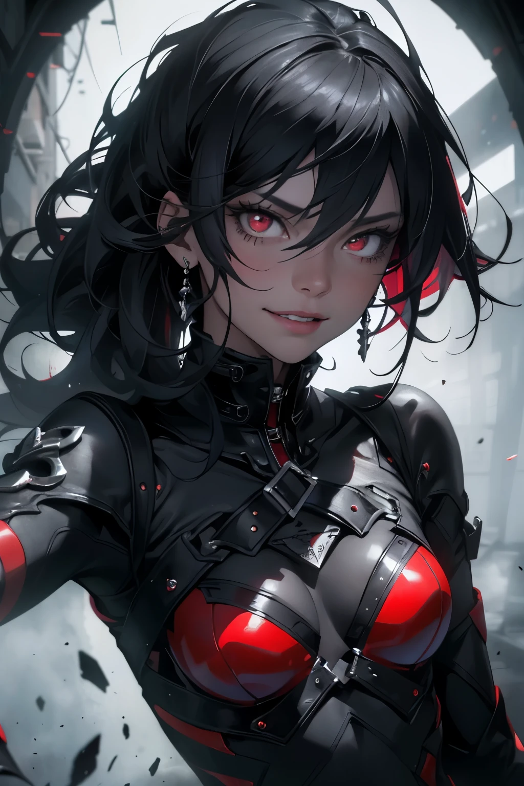 Award-winning portrait of a girl with a fusion of grimreaper and smiling expression, her short curly black hair framing her perfectly red eyes that gleam with an otherworldly glow. The background is set in a noir mood with shadows casting long, dramatic lines, adding to the mysterious allure of the girl. Her fangs, sharp and menacing, are visible, dripping with blood, giving an air of danger and intrigue. The photo is taken at a random angle, capturing every detail of her exquisite features in high resolution, making it a masterpiece of surreal, high-definition art. The artwork quality is best described as detailed and realistic, with a captivating play of light and