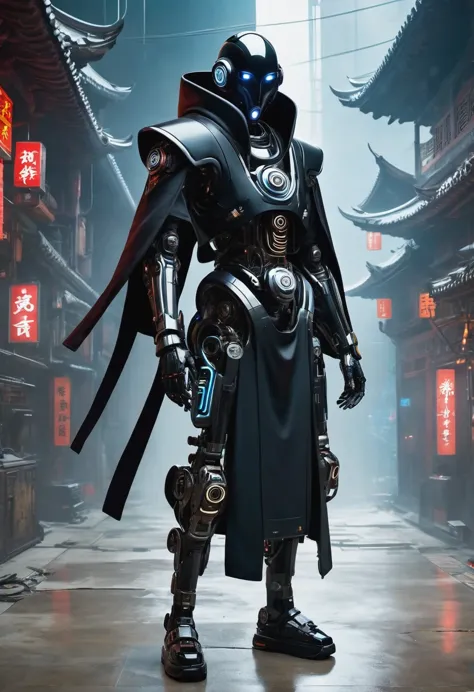 ((imagine))，((whole body))，chinese monk, wearing black robe，robot arms and legs，手持电动步枪的cyberpunk僧侣，standing in a deserted place，...