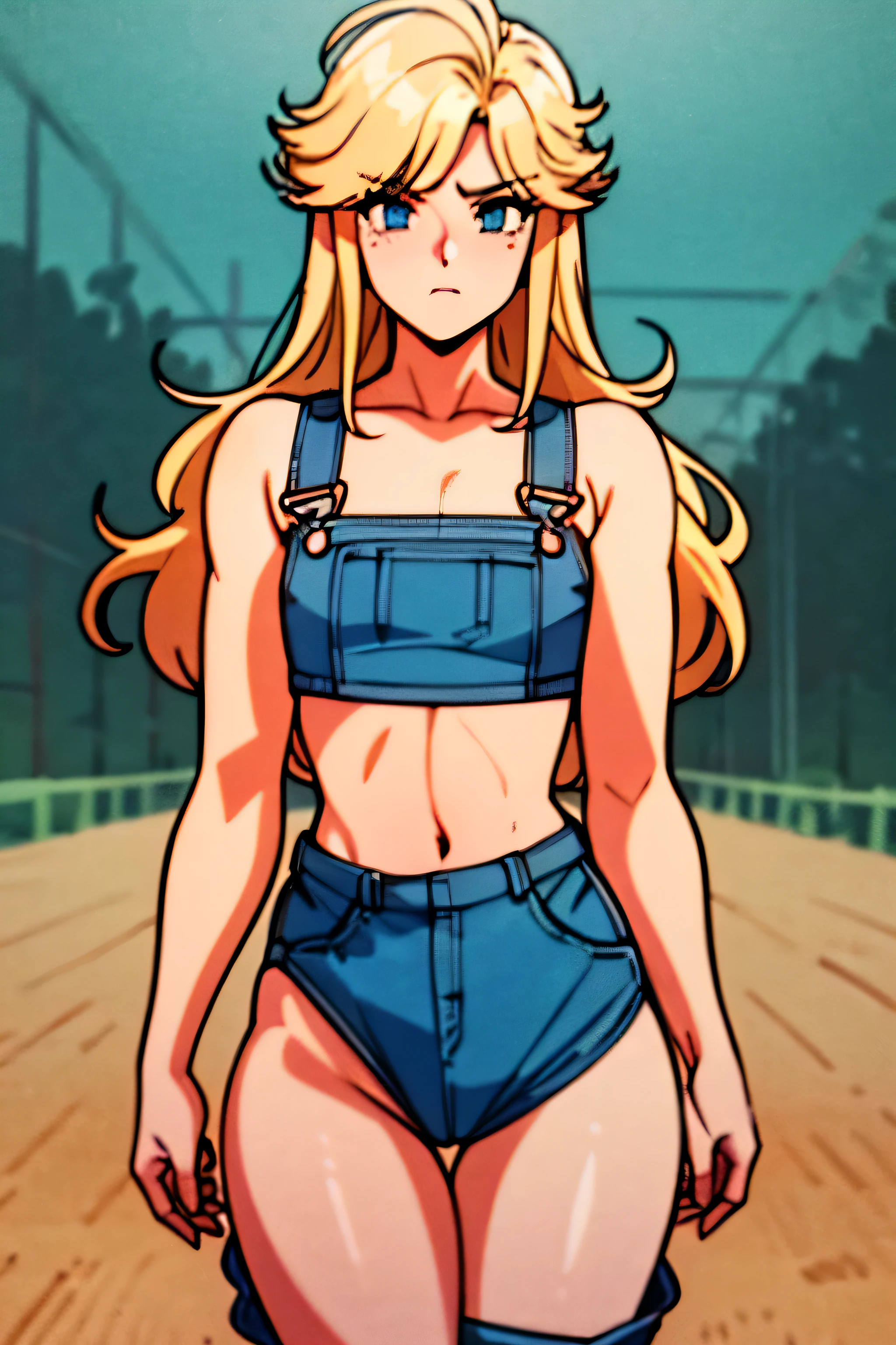 A cartoon of a woman in a blue bikini and overalls - SeaArt AI