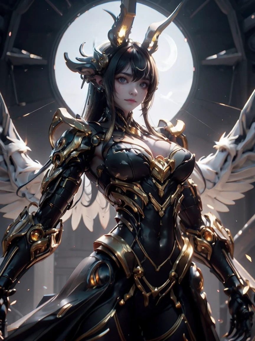 1 girl, breast, alone, horn, long hair, Albedo (Overlord), wing, large breast, skirt, Hip vents, black wing, white Gloves, Gloves, looking at the audience, black hair, white skirt, bare shoulders, hair between eyes, yellow eyes, feathered wing, demon horn, Smile, feather, devil girl, split, slit pupil, split collar, Bangs, very long hair, Keep your mouth shut, black feather, Cowboy shooting, cover navel, elbow Gloves, white horn, permanent, demon wing