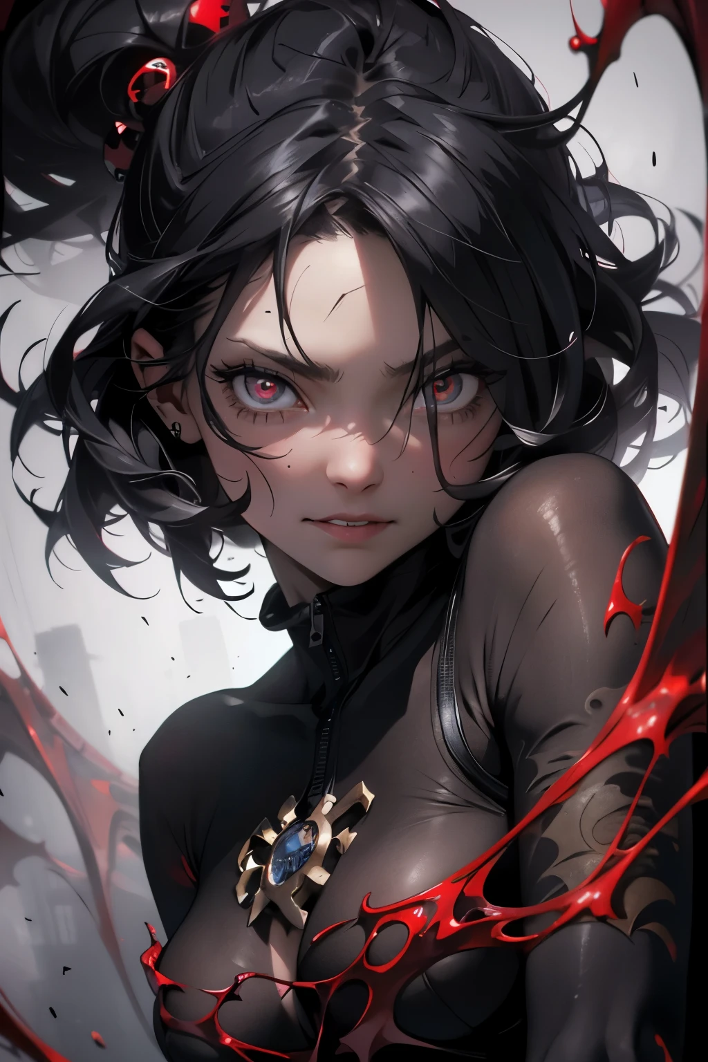 Award-winning Portrait: A striking image of a young girl fusioned with the grim reaper, sporting a mysterious smile and fangs dripping with blood. The noir background adds an enigmatic allure to the scene, as the camera captures a random angle of her perfectly red eyes reflecting an ethereal glow. Her short, curly black hair frame her face, making every detail from her anatomically correct five fingers to the intricacies of her expressive eyes stand out in the high-resolution, surreal, and vividly colorful image. This masterpiece is sure to leave a lasting impression. (1.2)

A high resolution, detail-rich Award-winning Port