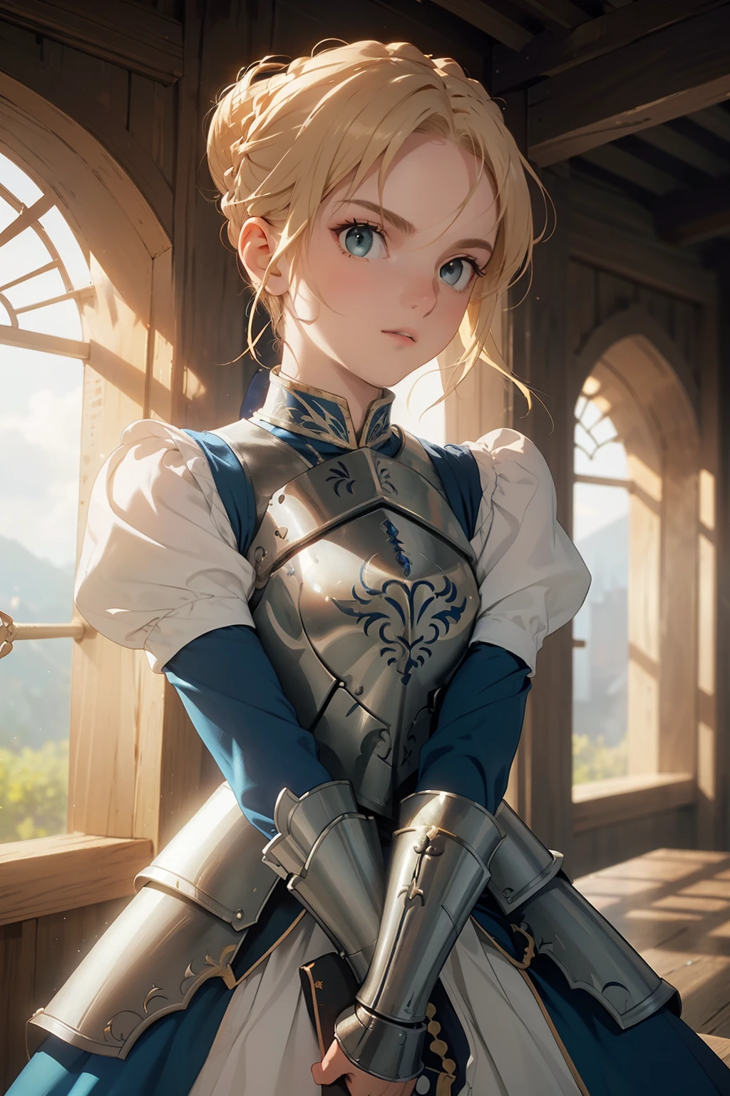 (highest quality, masterpiece:1.2),Know, shrine, 1 girl, alone, armor, arms, sword, shining sword, shining arms, french braid, armored dress, shining, gauntlet, holding, breastplate, double bun hairstyle, Upper body