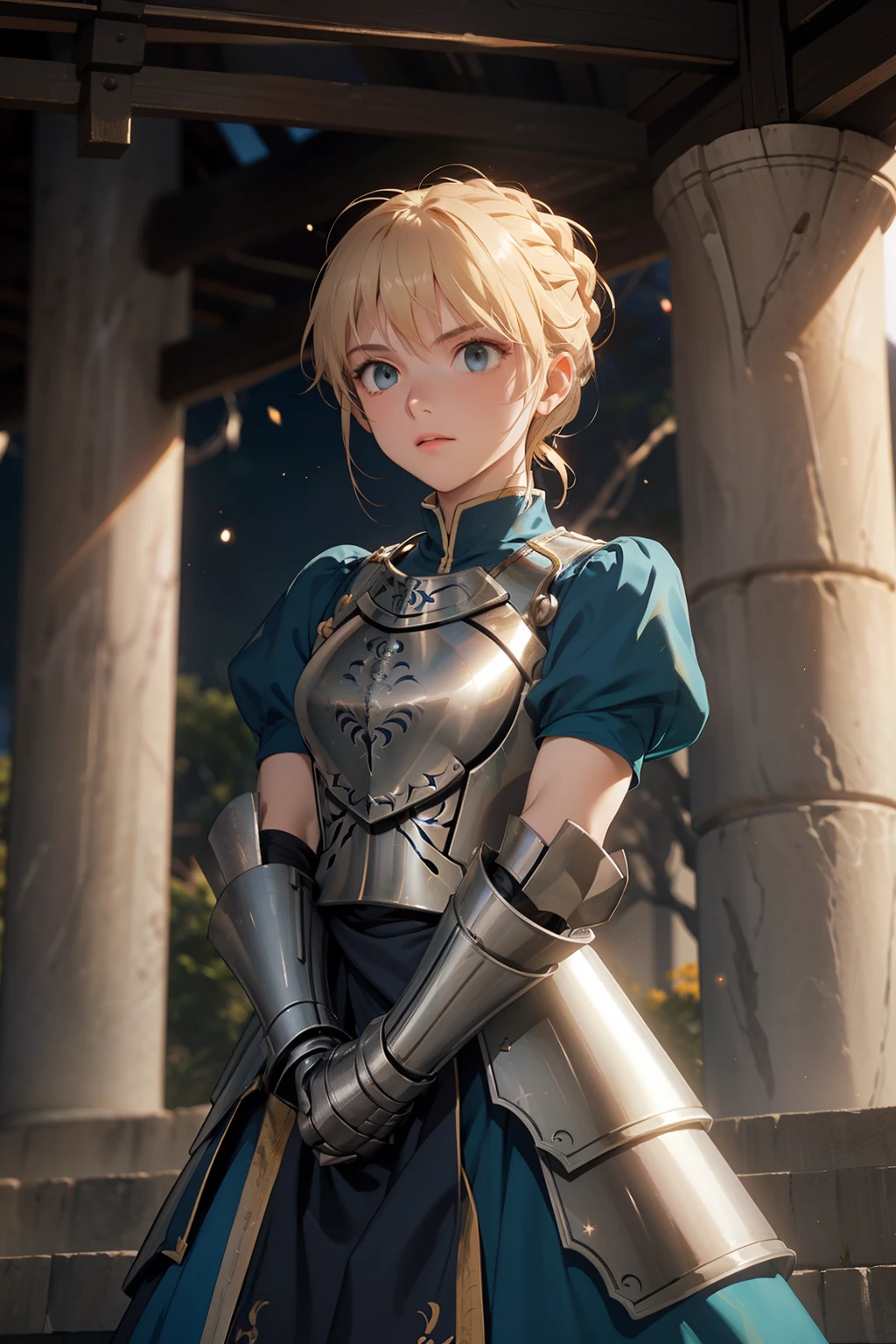 (highest quality, masterpiece:1.2),Know, shrine, 1 girl, alone, armor, arms, sword, shining sword, shining arms, french braid, armored dress, shining, gauntlet, holding, breastplate, double bun hairstyle, Upper body