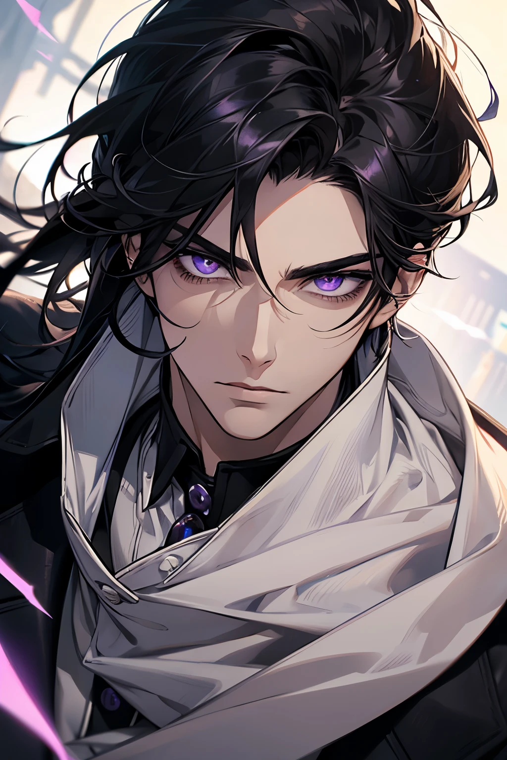 1 男, 柔順的, 英俊的,冷漠的表情，黑色長髮，上半身，紫色的眼睛，清澈的眼睛，特寫，犀利的眼光，高贵