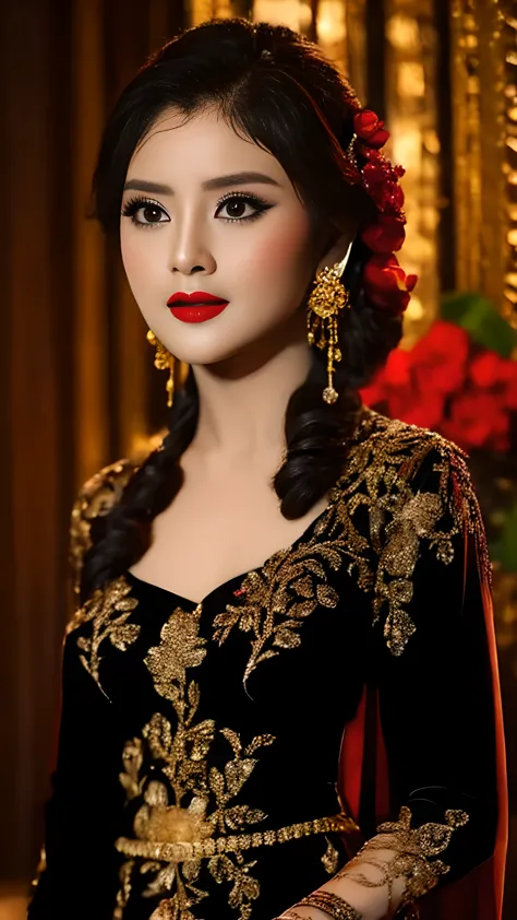 photography, woman, portrait of java wedding woman in black long kebaya dress traditional, red lipstick, golden necklace, earrin...