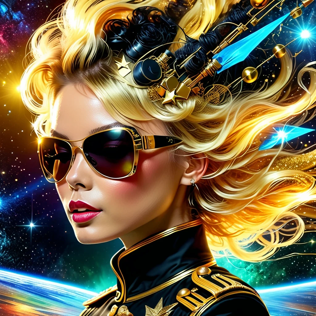 (best quality,4K,8K,High resolution,masterpiece:1.2), super detailed, (actual,photoactual,photo-actual:1.37), rock star, singer, Black tight military uniform, golden accents, Gliding through space, ecstatic singing, Stage lighting, rebellious, glitch art, punk attitude.Floating Extra Large Elegant Light DonMW15pXL