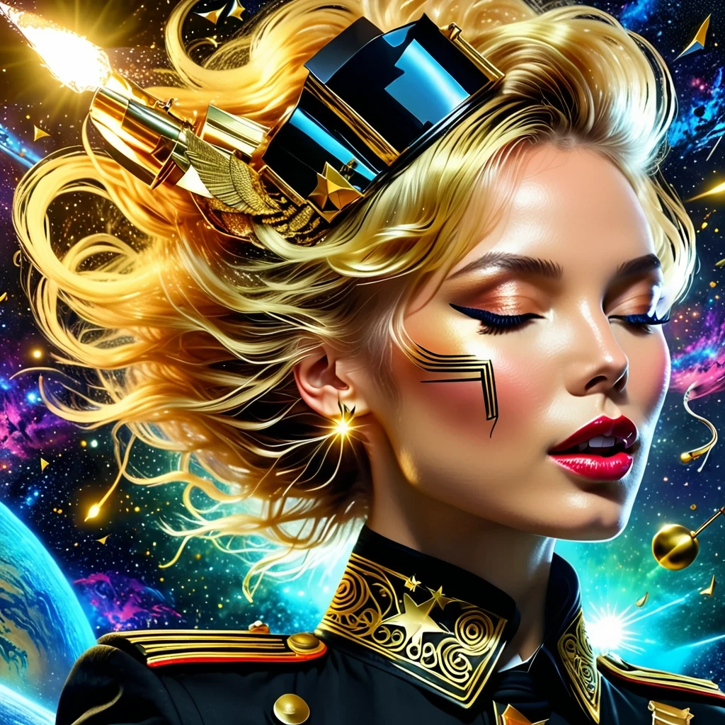 (best quality,4K,8K,High resolution,masterpiece:1.2), super detailed, (actual,photoactual,photo-actual:1.37), rock star, singer, Black tight military uniform, golden accents, Gliding through space, ecstatic singing, Stage lighting, rebellious, glitch art, punk attitude.Floating Extra Large Elegant Light DonMW15pXL