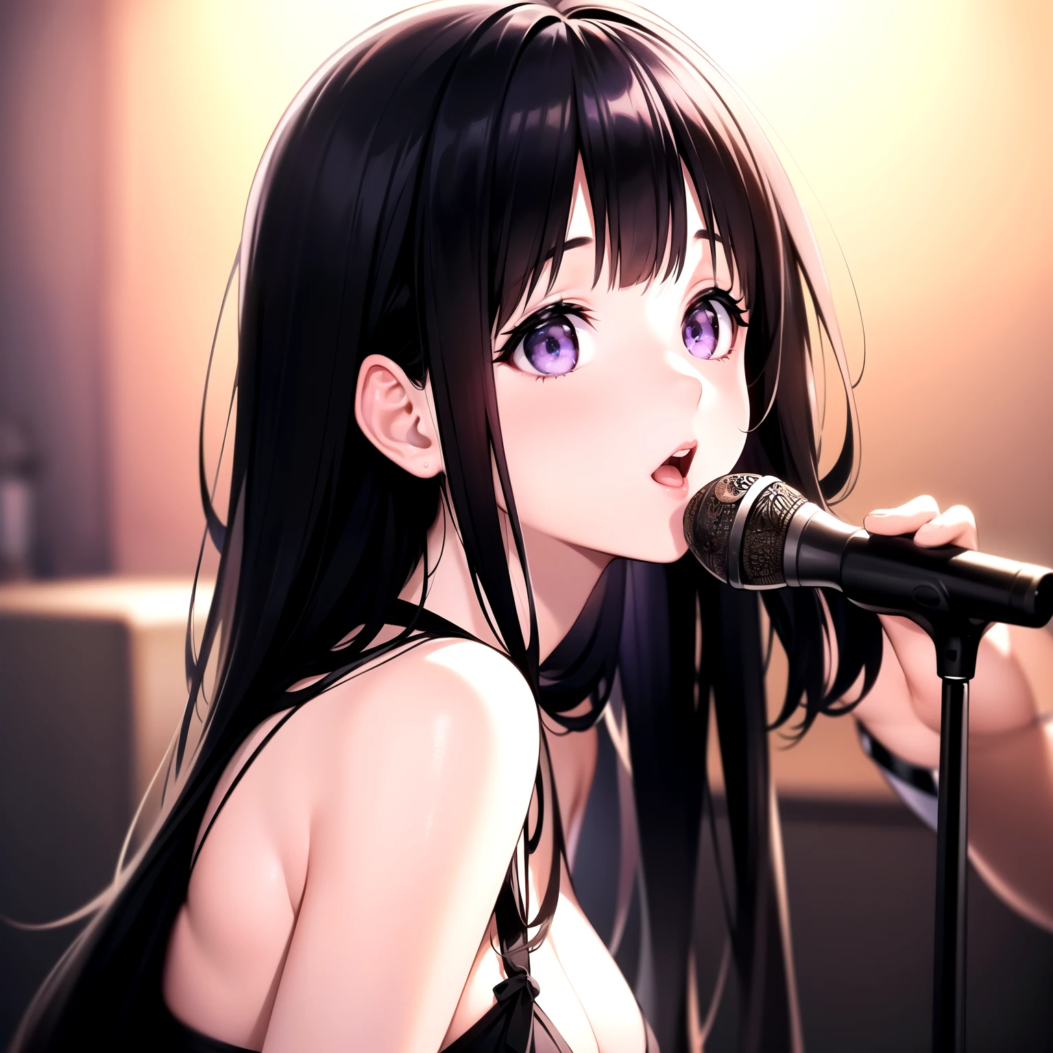 (A superb exquisite Chitanda Eru), (adult face), solo, intricate details, (finely detailed beautiful eyes: 1.2), purple eyes, long black hair, natural straight hair, straight bangs, solo, [Small_breasts: large_breasts: 0.5], normal breasts, extremely delicate, peerless beautiful girl, dreamy quality, exaggerated facial features, solid color, delicate face, bright lips, slender waist, straight curves, super fine, [8K full HD], (masterpiece:1.4), (((concert, idol, singing)))
