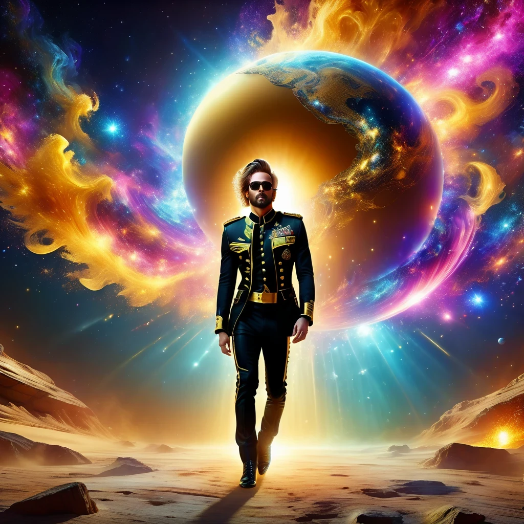 (best quality,4K,8K,High resolution,masterpiece:1.2), super detailed, (actual,photoactual,photo-actual:1.37), rock star, singer, Black tight military uniform, golden accents, Gliding through space, ecstatic singing, Stage lighting, rebellious, glitch art, punk attitude.Floating Extra Large Elegant Light DonMW15pXL