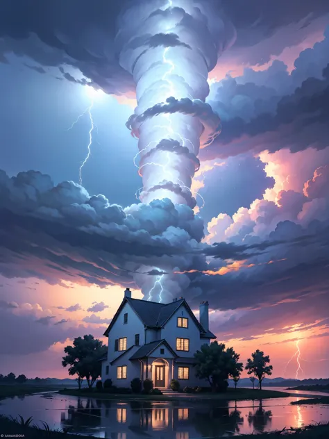 Tornado elecrtico en medio de una tormenta,el cielo nublado ,sin sol,con lluvia y viento,luces de los rayos,destellos cegadores,...