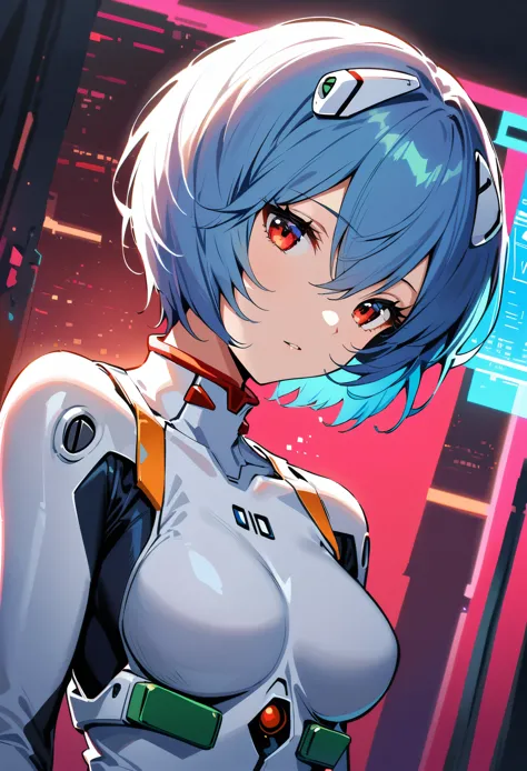 (best quality:1.2),1girl,solo,Ayanami Rei,white bodysuit,red eyes,pilot suit,short hair,blue hair,bangs,interface headset,turtle...