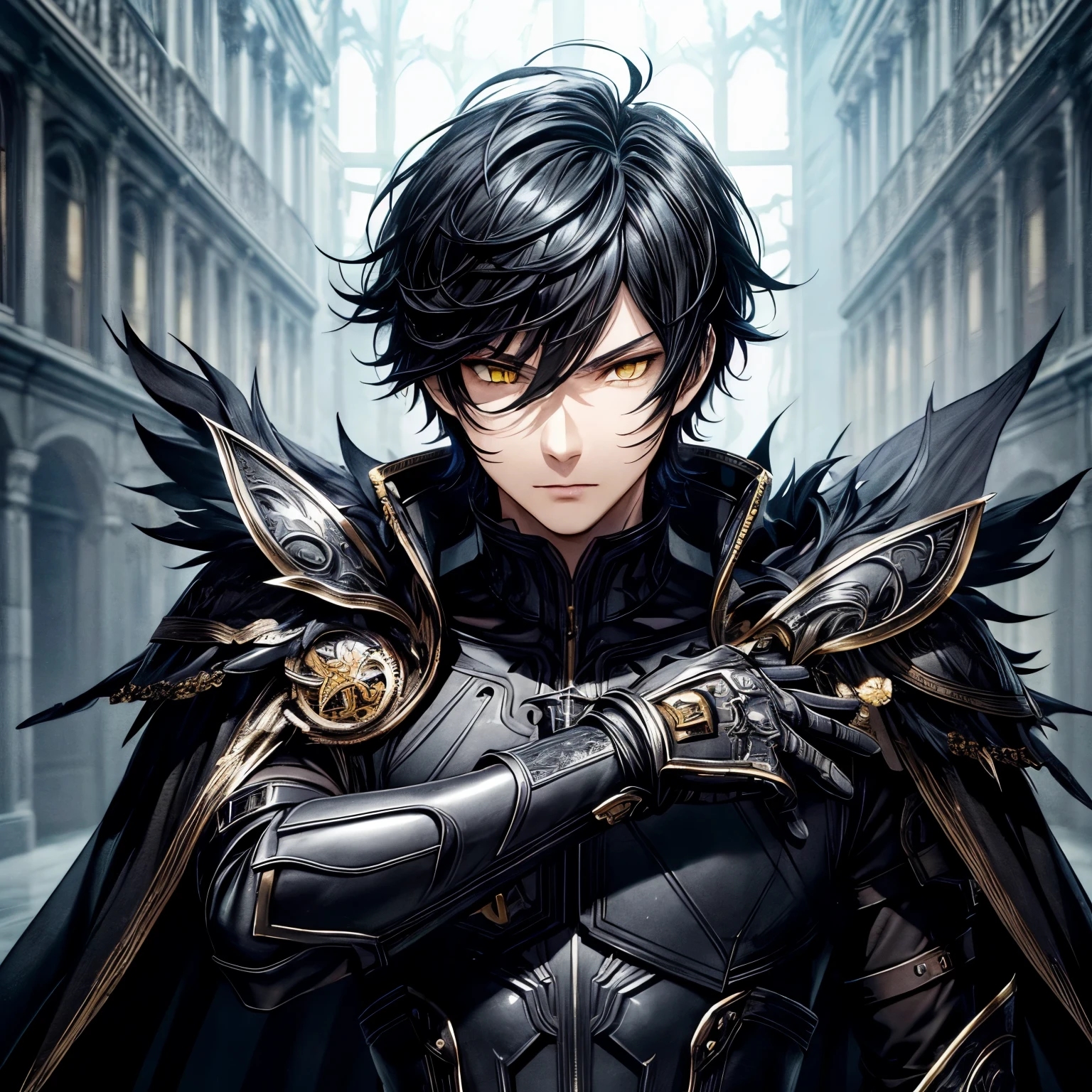 masterpiece, best quality, 1man, adult, male focus, solo, medium black hair, vibrant yellow eyes, gloves, looking at viewer, cape, High quality metal texture, semi metal armor, closed mouth, black metallic gloves, upper body, bangs, high collar,(kbxll:0.6), Fantasy aesthetics, Highly detailed, shadowverse character concept, shadowverse style