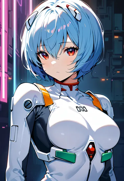 (best quality:1.2),1girl,solo,Ayanami Rei,white bodysuit,red eyes,pilot suit,short hair,blue hair,bangs,interface headset,turtle...