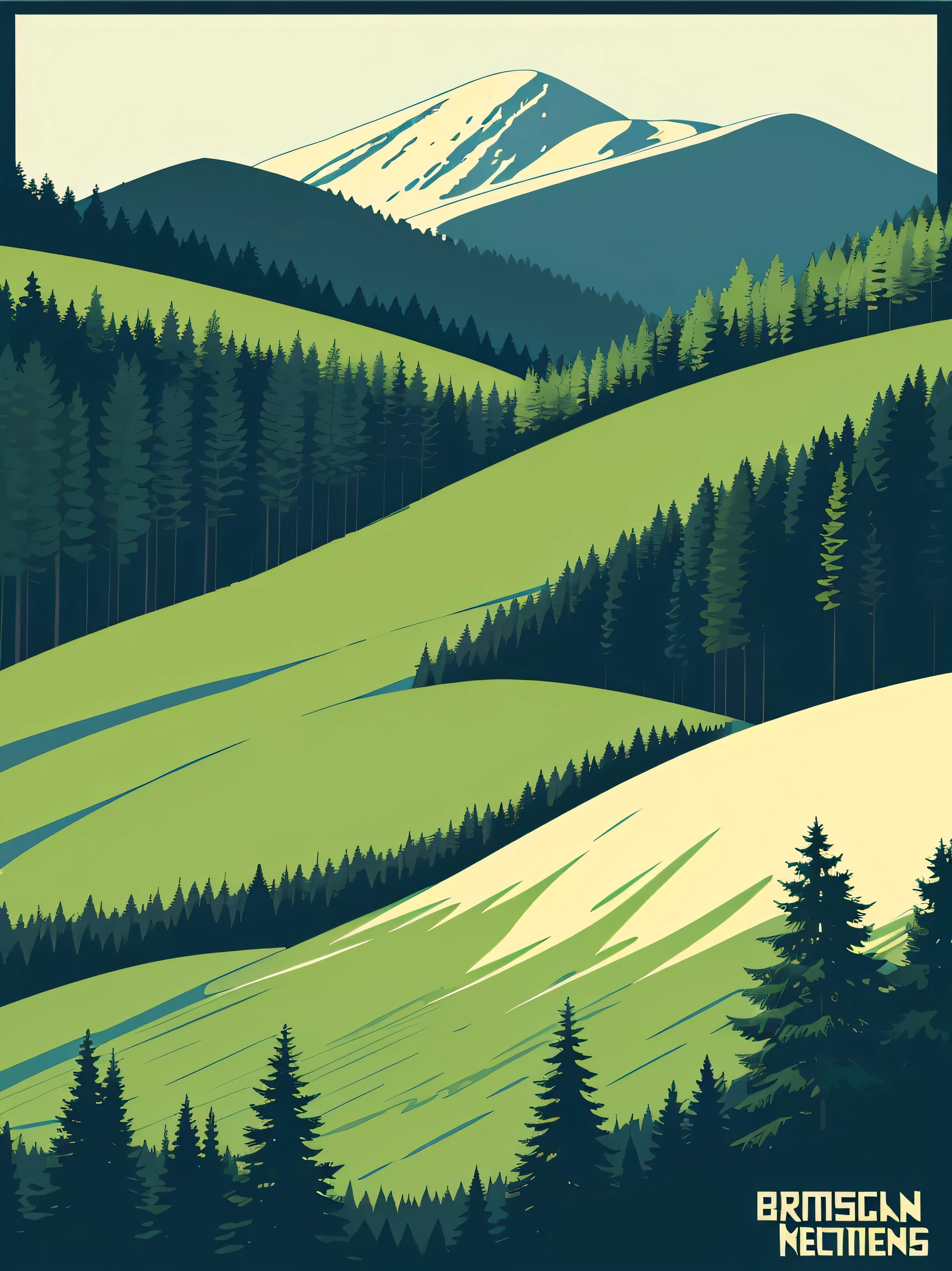 
Samivel vector drawing, Retro poster, vector poster, green mountains, British Columbia landscape, evergreen trees, Inspired by Samivel. pastel colors, soft colors, muted colors, no people, no figures, high quality, very detailed, landscape, wide angle