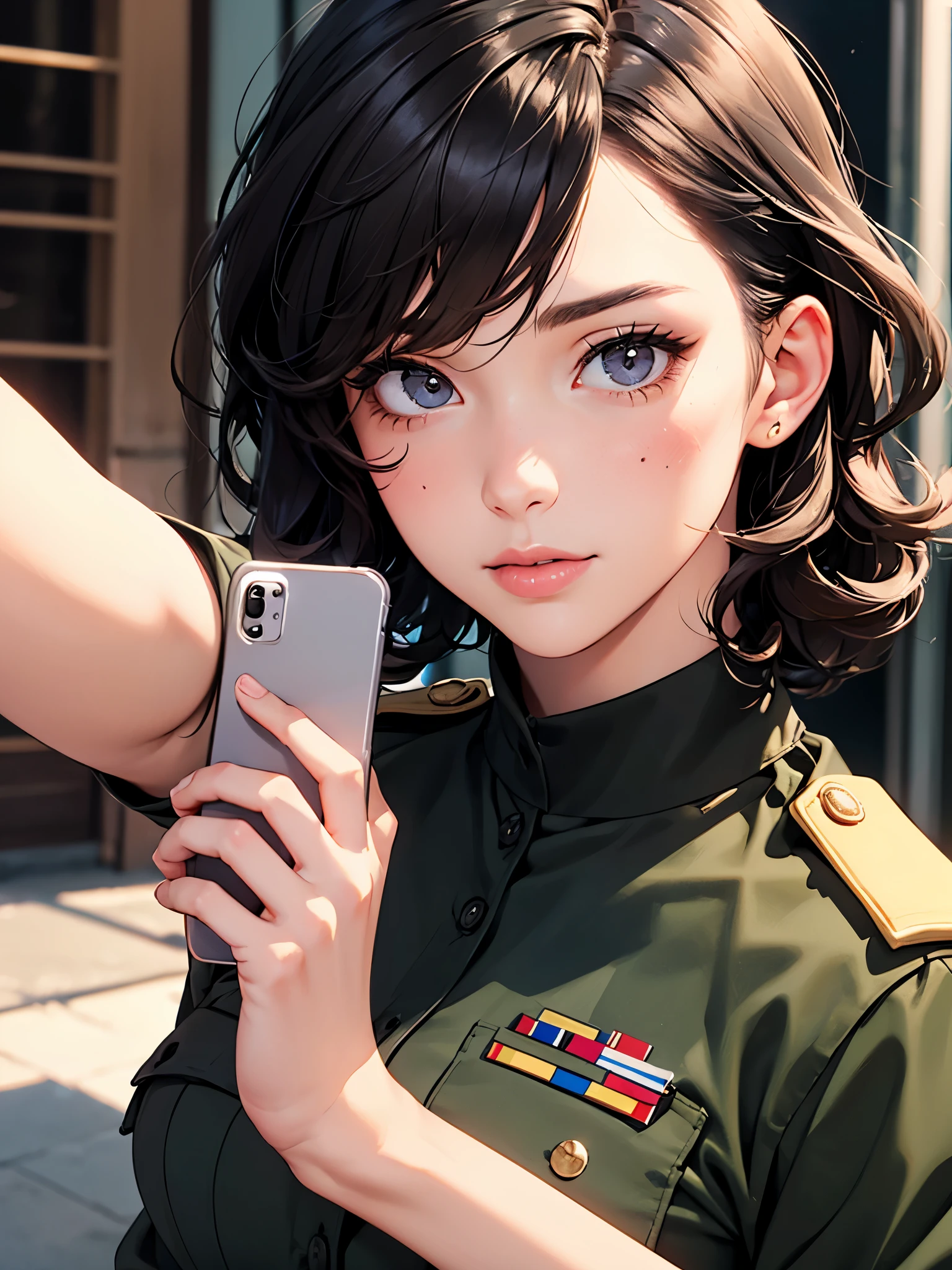 girl wearing army combat uniform, top lens,((Selfie)), random background, kiss, fair, French short curly hair, Tear nevus under left eye, medium breasts, Nevus on left upper chest, Flirting look, ((Very detailed)), (Perfect facial details), (Detailed hands), realistic images.