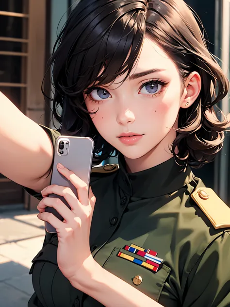 girl wearing army combat uniform, top lens,((Selfie)), random background, kiss, fair, French short curly hair, Tear nevus under ...