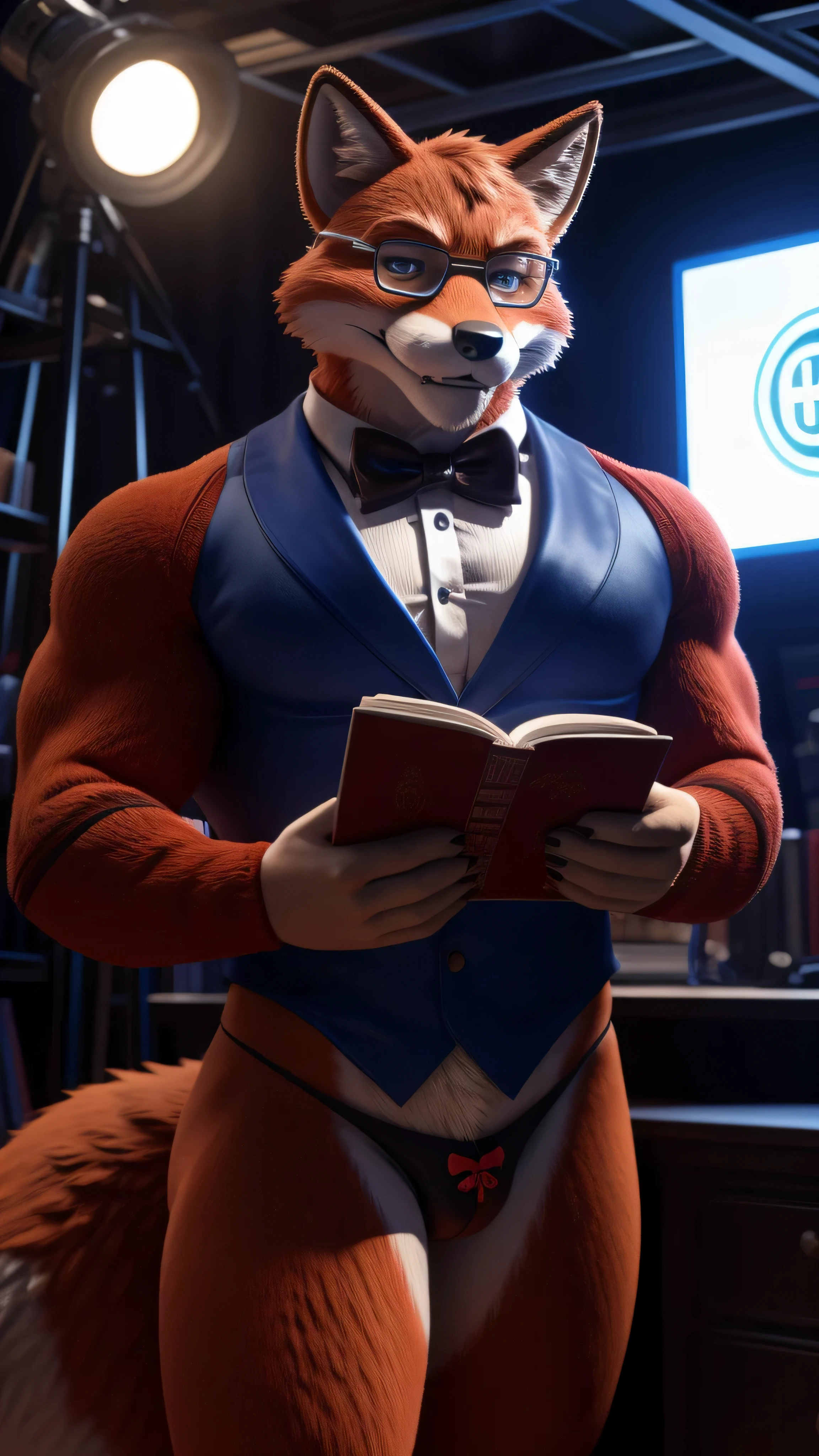 Ein muskulöser männlicher Fuchs-Fursuit, der einen sehr sexy und engen Tanga und eine Streberbrille trägt. In einem Filmstudio einen Hentai-Manga lesend, völlige Stille, 3D-Kinostil, Hollywood-Live-Action. Jetzt passend zum Papa mit Fliege 