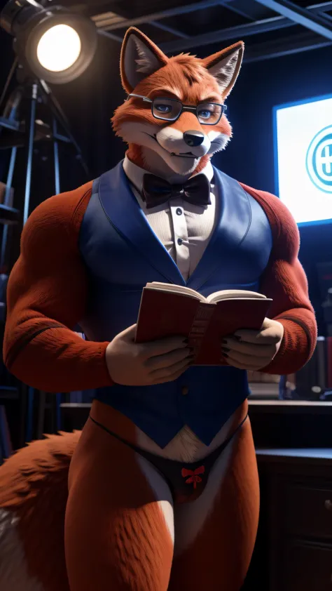 A muscular Fox male fursuit Wearing a very sexy and tight thong and nerdy glasses In a movie studio reading a hentai manga total silence 3D cinematic style Hollywood live action Now to match daddy with a bow tie 