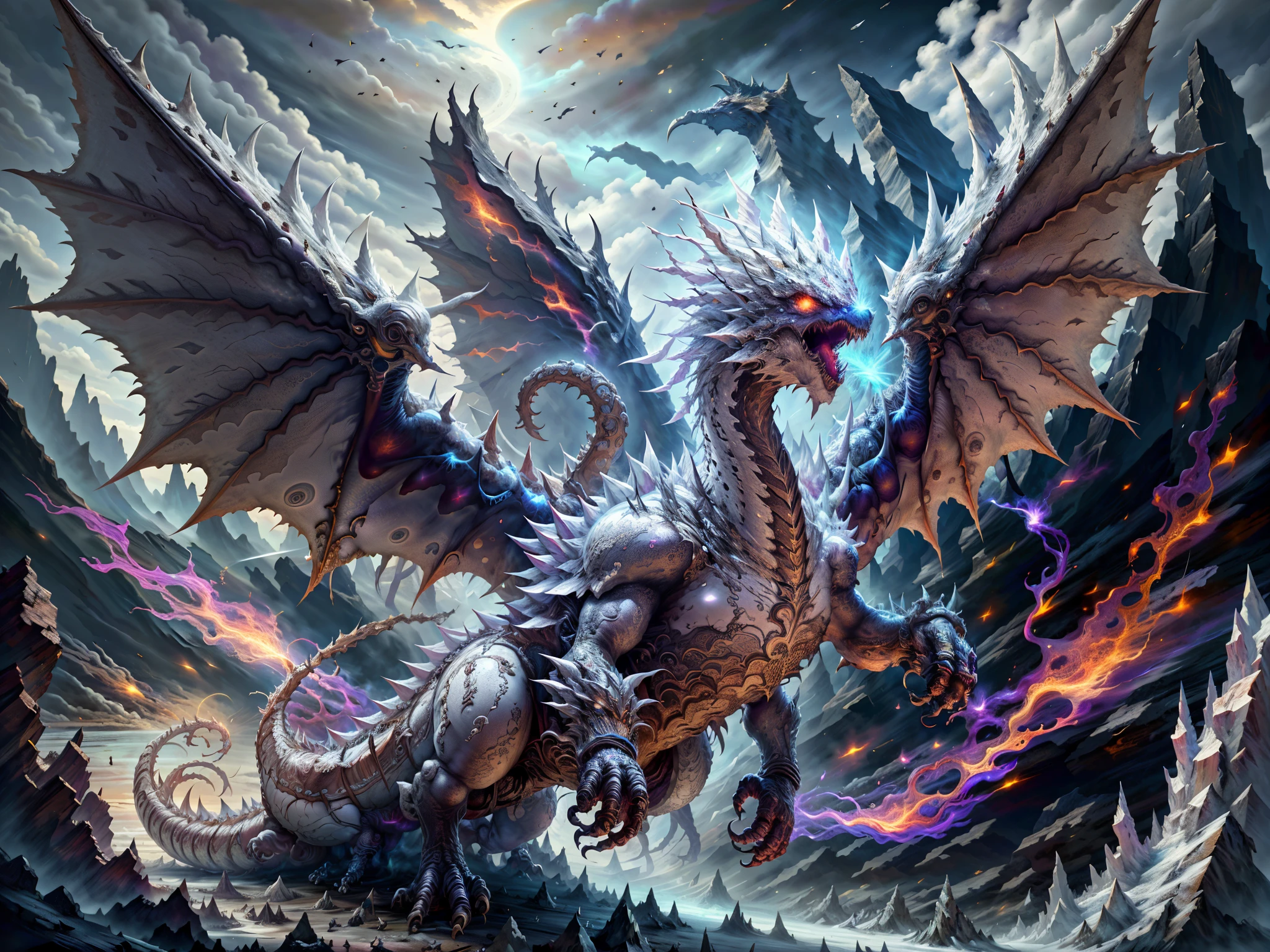 (highest quality,4k,8K,High resolution,masterpiece:1.4),Super detailed,(realistic photo style),ff14style,(holy white dragon),(crystal dragon:1.2),(he using powerful ice beam:1.3),Overwhelming and mysterious presence,huge and majestic wings,powerful fangs,shining scales,(Flying majestically over the frozen tundra:1.3),white background,Fantastic and otherworldly visual style,dramatic lighting,shot from side
