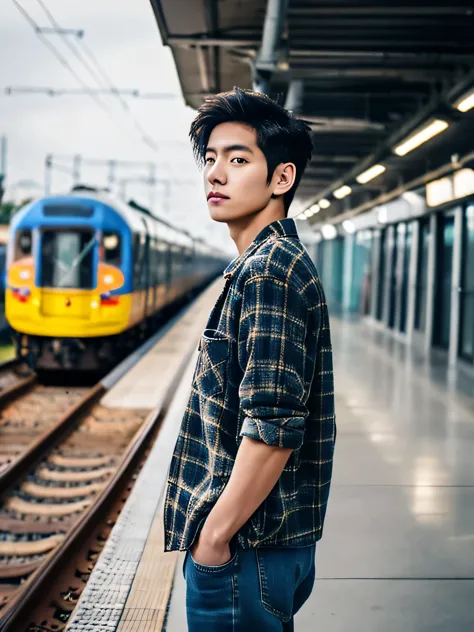long shot, back view, cinematic portrait, a young handsome and cute Korean man with two block hair wearing a flannel shirt, ripp...