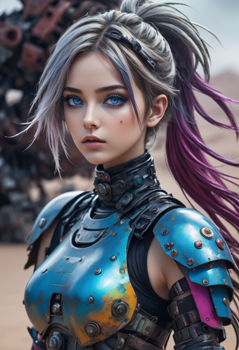 Dystopian style Beauty girl in colorfull armor,dressed on a naked body,big blue eyes,small neat nose,plump lips,long ponytail,futuristic desert,Nier Automata,hair developing on the wind,the hurricane,many details and colors,a dusty storm around,dinamic pose,post-apocalyptic,extremely detailed,intricate,dynamic light,excellent composition,cinematic atmosphere,rich vivid color,highly detail,sharp focus,luxurious,very inspirational,bleak,post-apocalyptic,somber,dramatic,highly detailed,