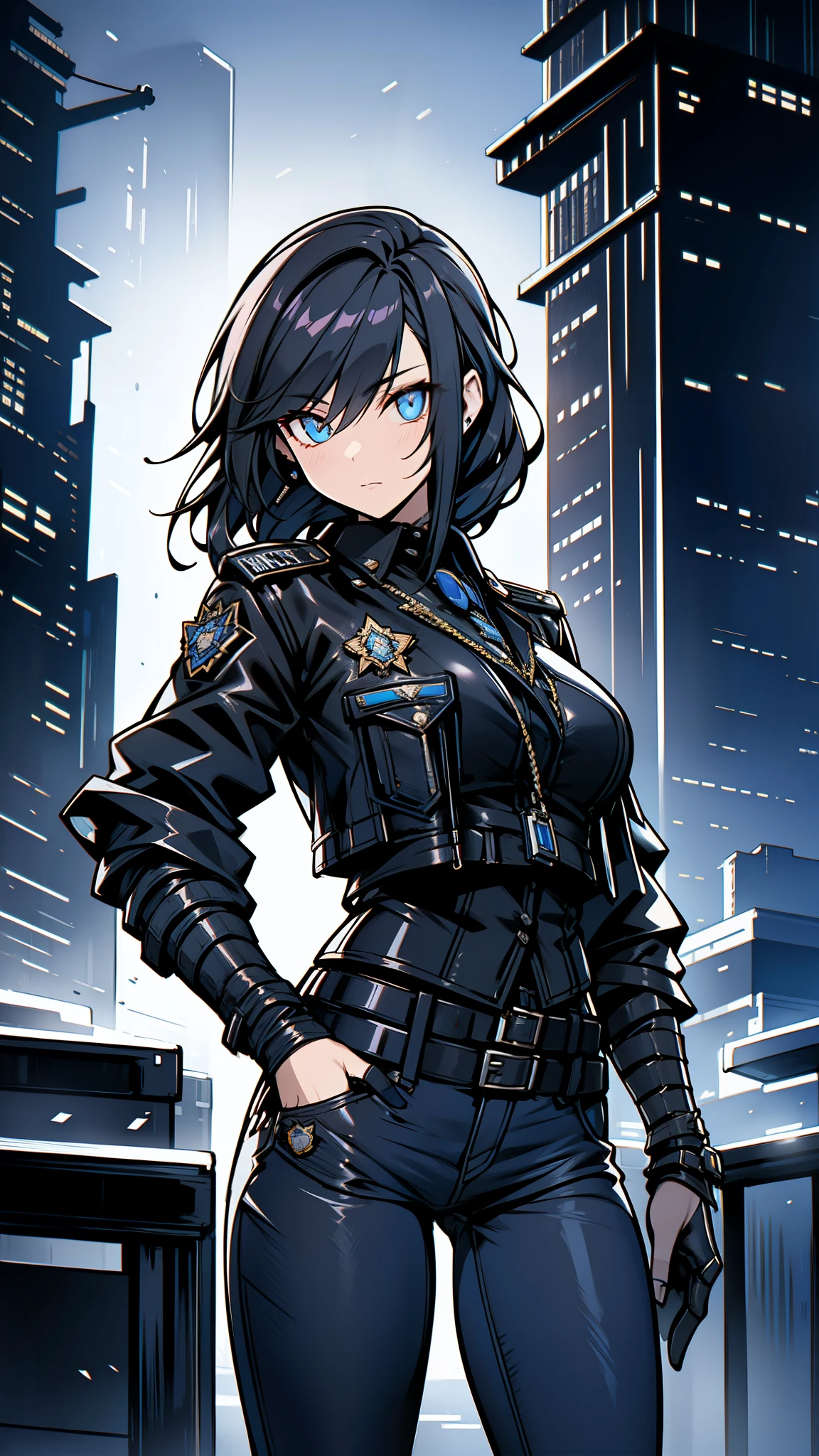 Portrait of Enhuis, beautiful face, Cyberpunk City at night. she is wearing a leather open jacket,lingerie,  black jeans, dramatic lighting, (police badge:1.2).