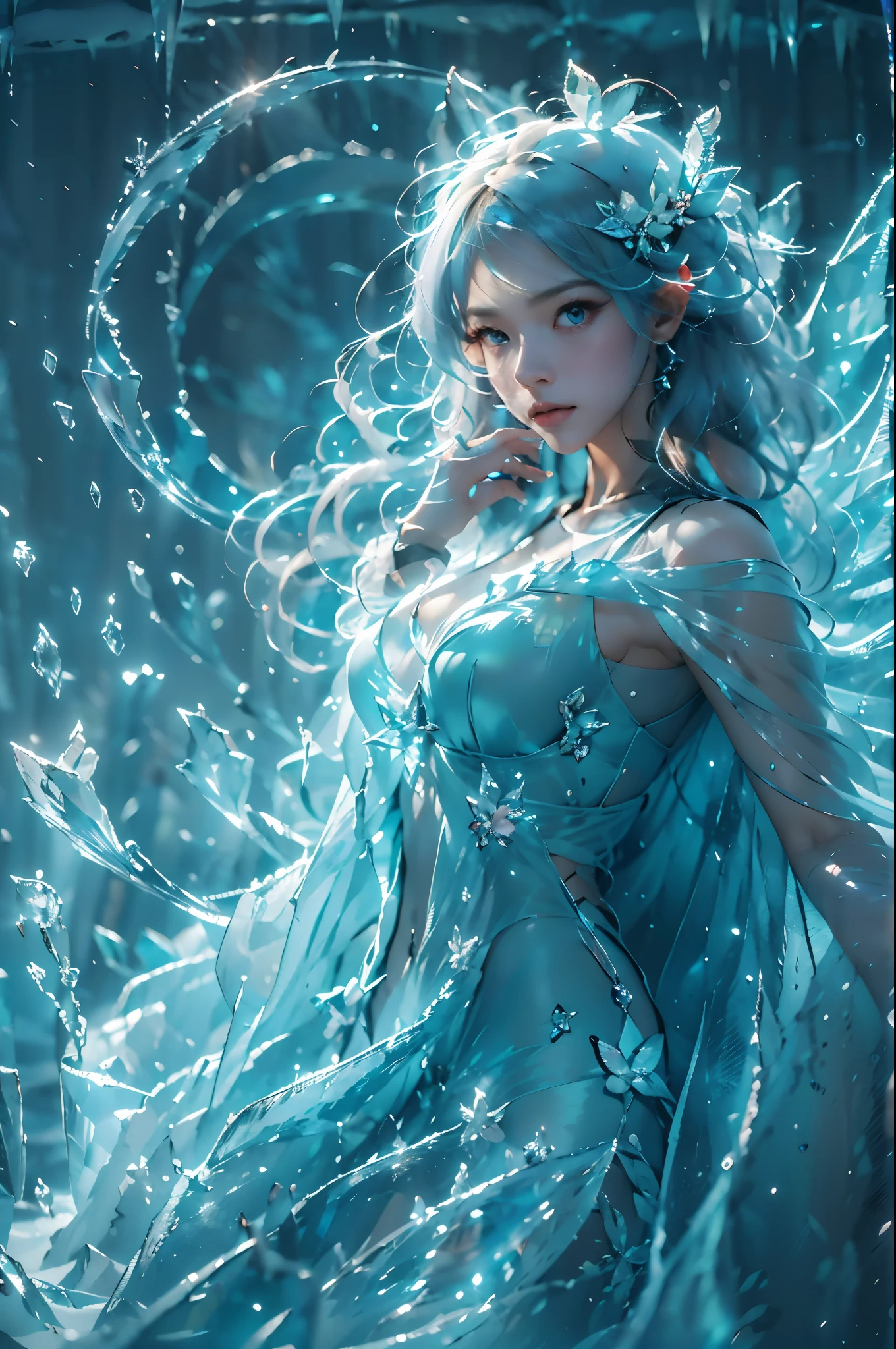 (((1 girl)))，dynamic poses，（Crystal dress：1.5），（magic circle：1.2），magic circle，blue concentric circles，ice crystals，concentric circles of frost，(((icicle)))，Ice mist，Ice particle effects，（Ice butterfly：1.2），Amazing results，,best quality,masterpiece,ultra high resolution,detailed，8K resolution,chiaroscuro，NVIDIA RTX